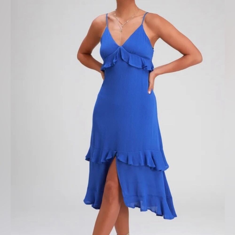 NWT Lulu’s Royal Blue Midi Dress Ruffled V neck back opening w/zipper Small